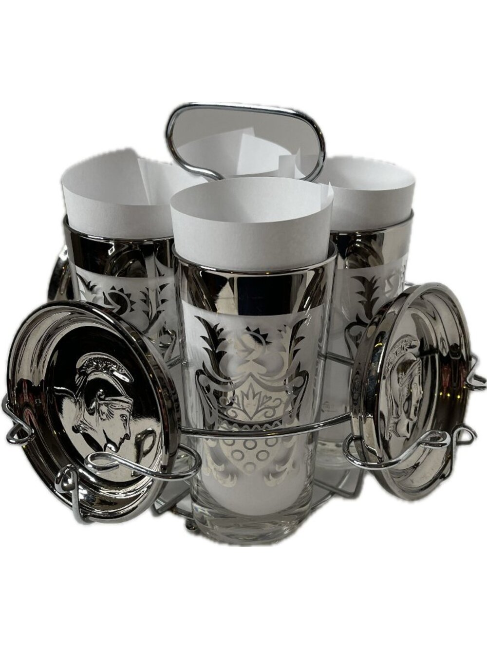 MCM Kimiko Highball Glasses and Coasters Set Barware Silver Knight